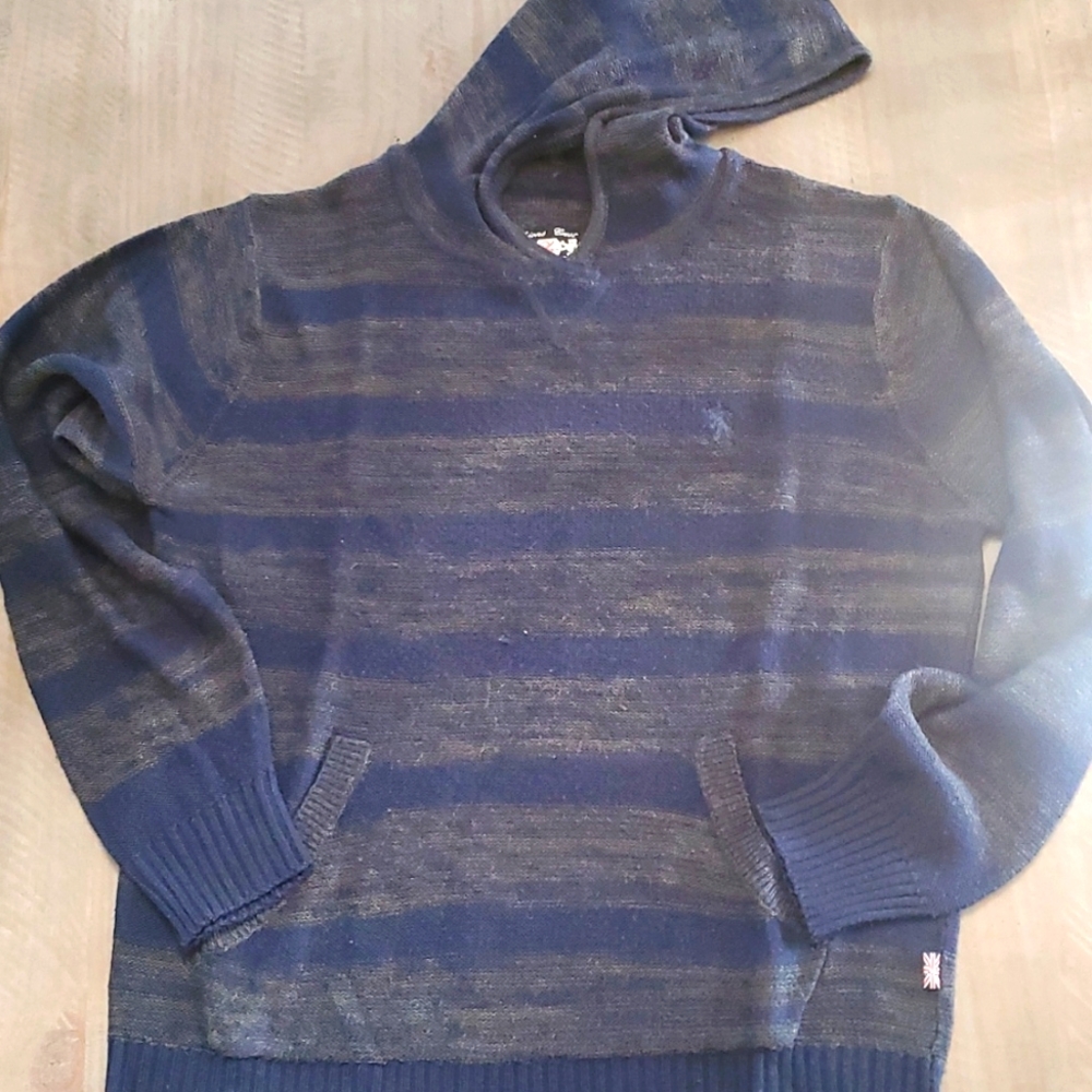 **buy 2 get 1 free** Men's large blue and gray striped hooded sweatshirt